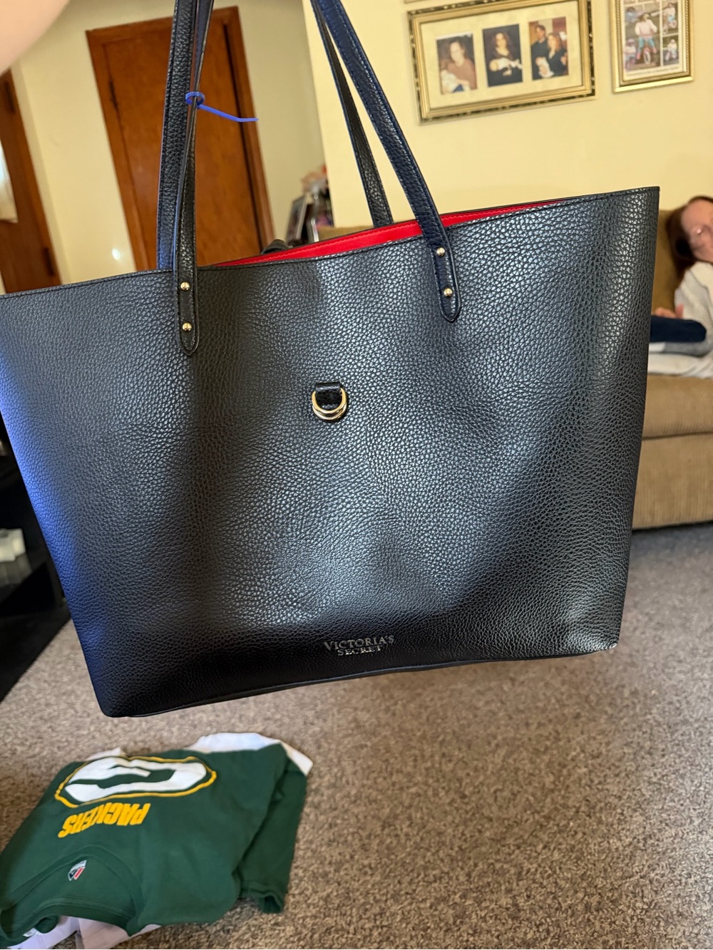 Victoria's Secret Black Tote with Red Interior and Gold Accent